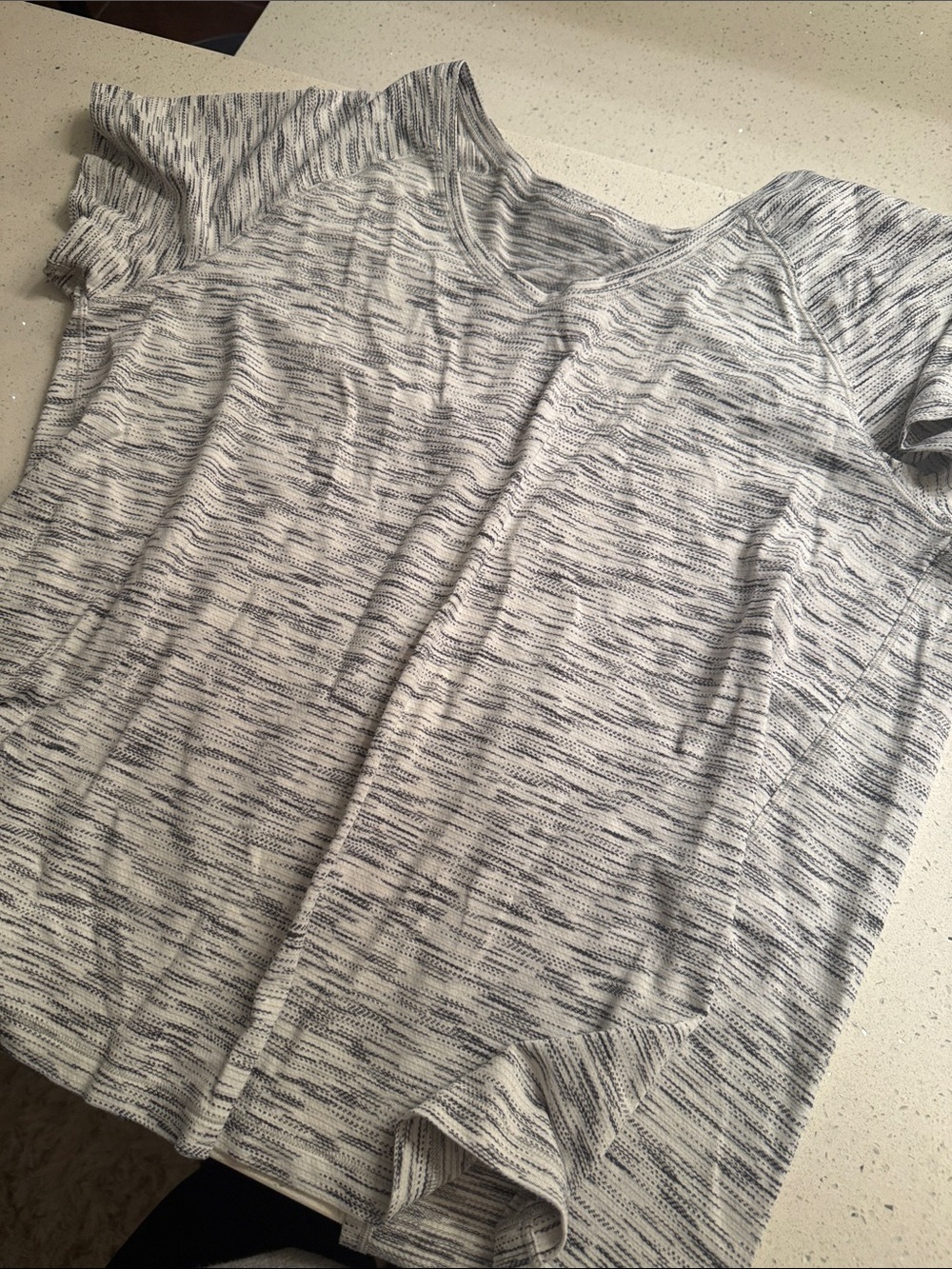 lululemon athletica Short Sleeve Heathered White and Navy Open Back Tee